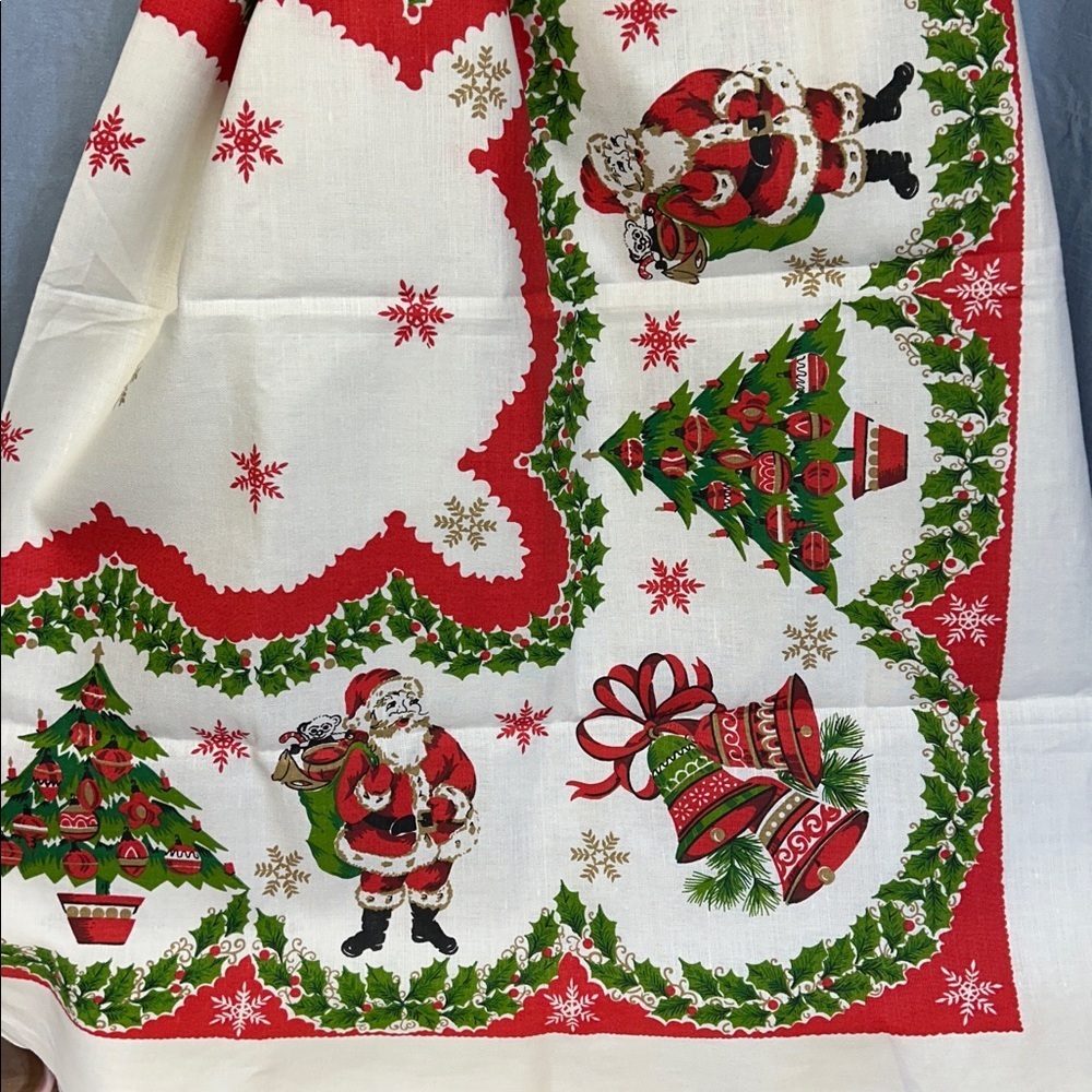 Vintage MCM Christmas NOEL Linen Tablecloth Holiday Trees Candles Large 68"X 50"